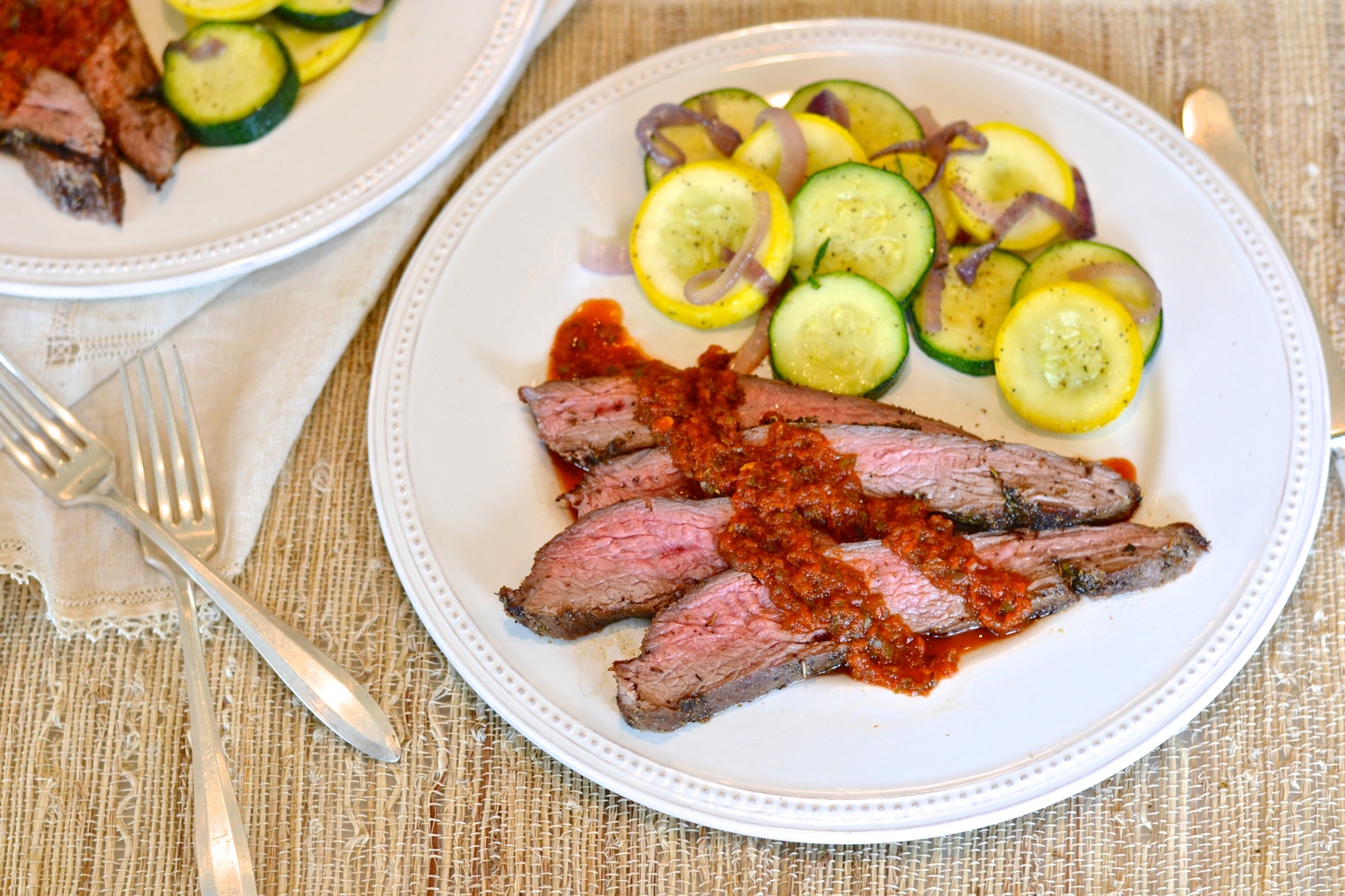 Tuscan Flank Steak with Roasted Red Pepper Sauce