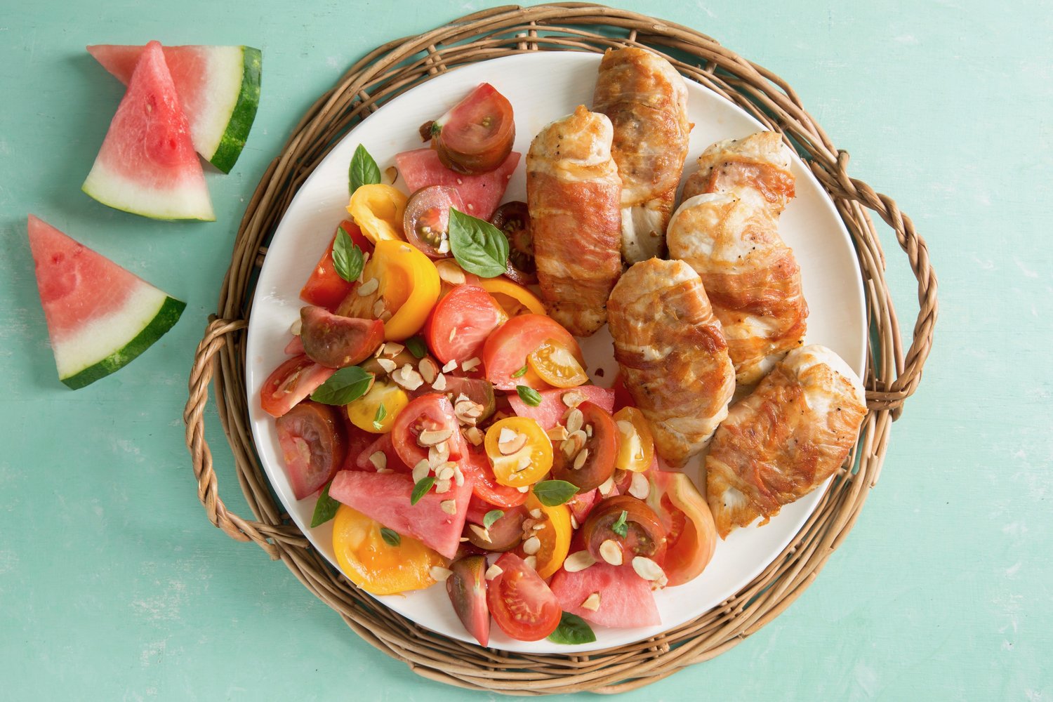 ProsciuttoWrapped Chicken with TomatoWatermelon Salad