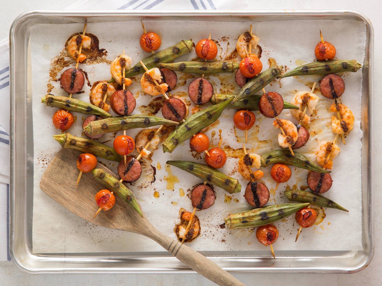 Shrimp, Sausage, and Okra Kabobs
